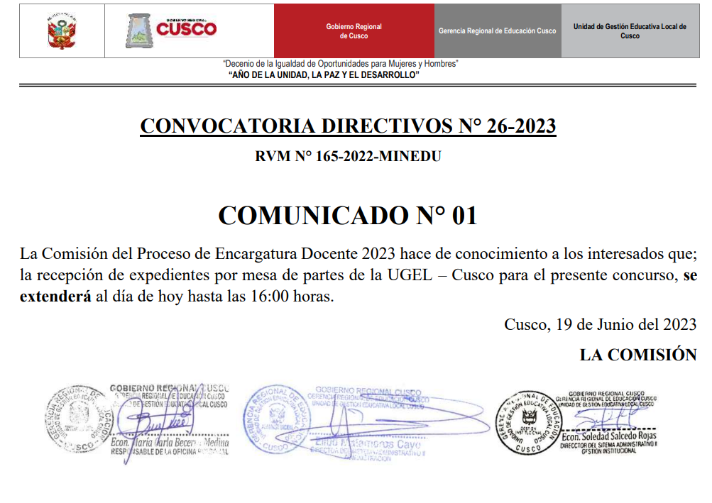 COMUNICADO N 01 CONVOCATORIA DIRECTIVOS N 26 2023 Ugel Cusco